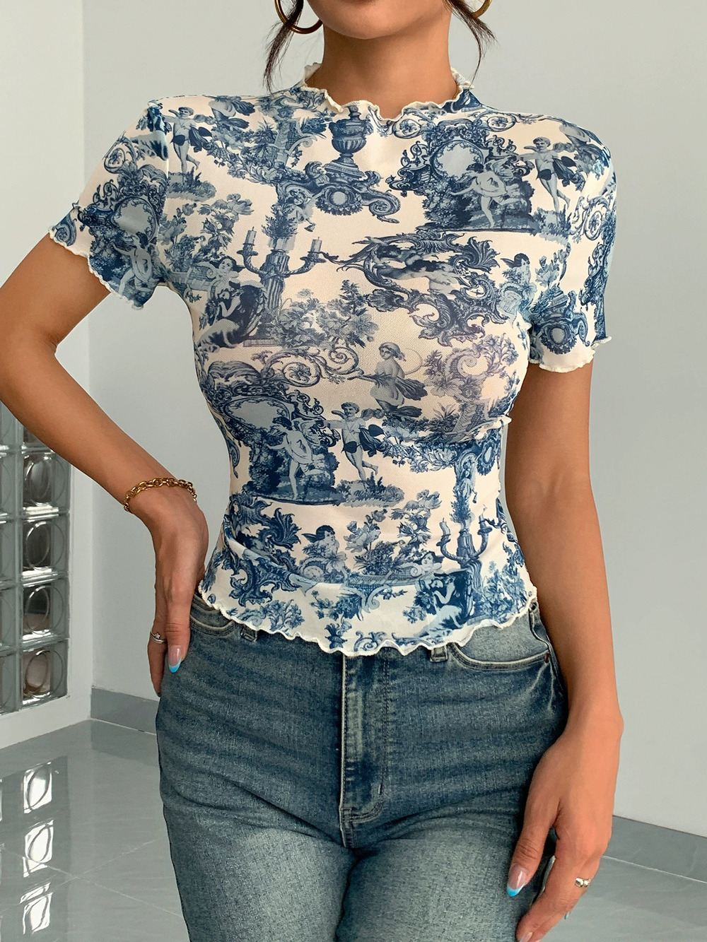 Zara Mesh Print Ruffle Short Sleeve Top